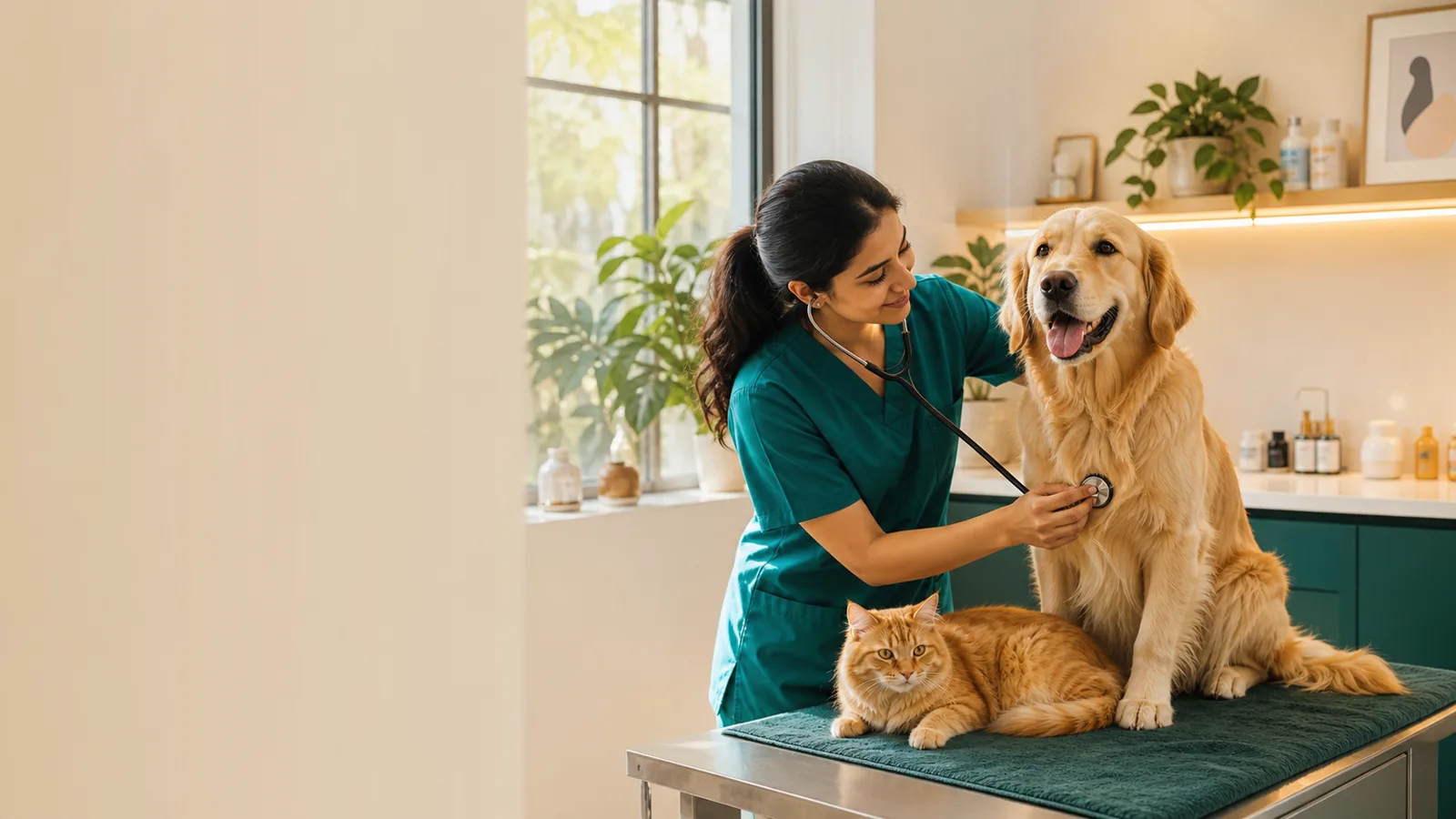 Veterinarian caring for a dog and cat